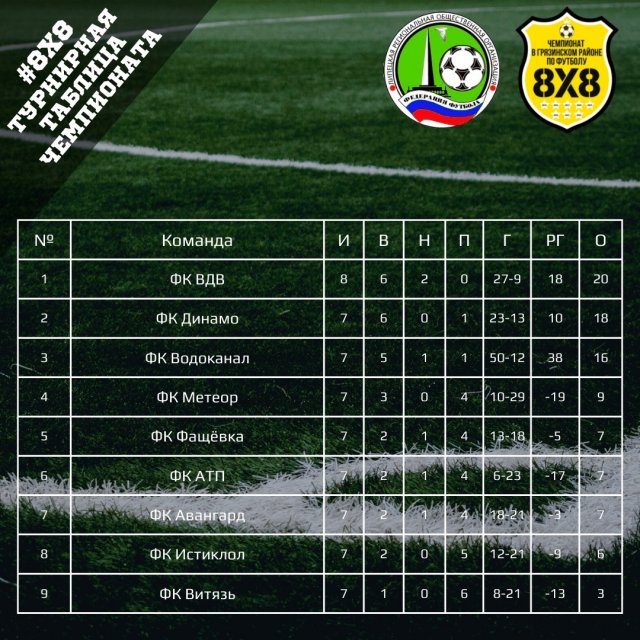 Турнирная таблица Чемпионата Липецкой области по футболу 8х8 после 8 тура